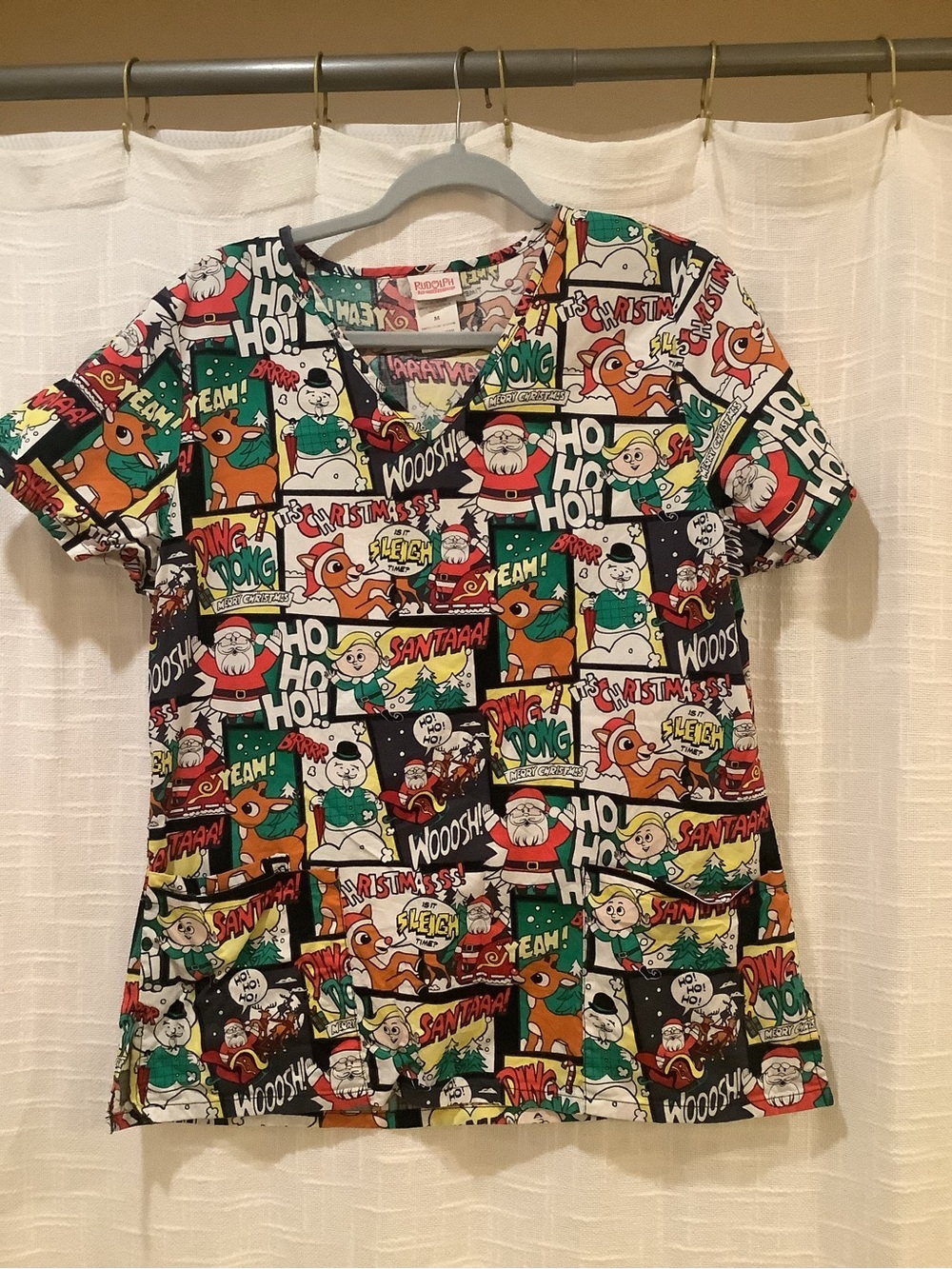 Holiday Scrubs Comic-Print V-Neck Top - Multi